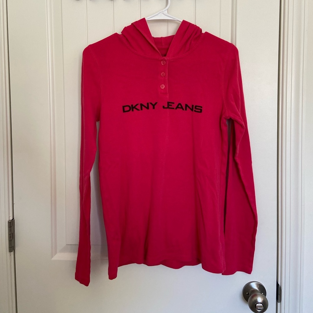 EUC DKNY women’s hot pink‎ button neck hooded long sleeve top small